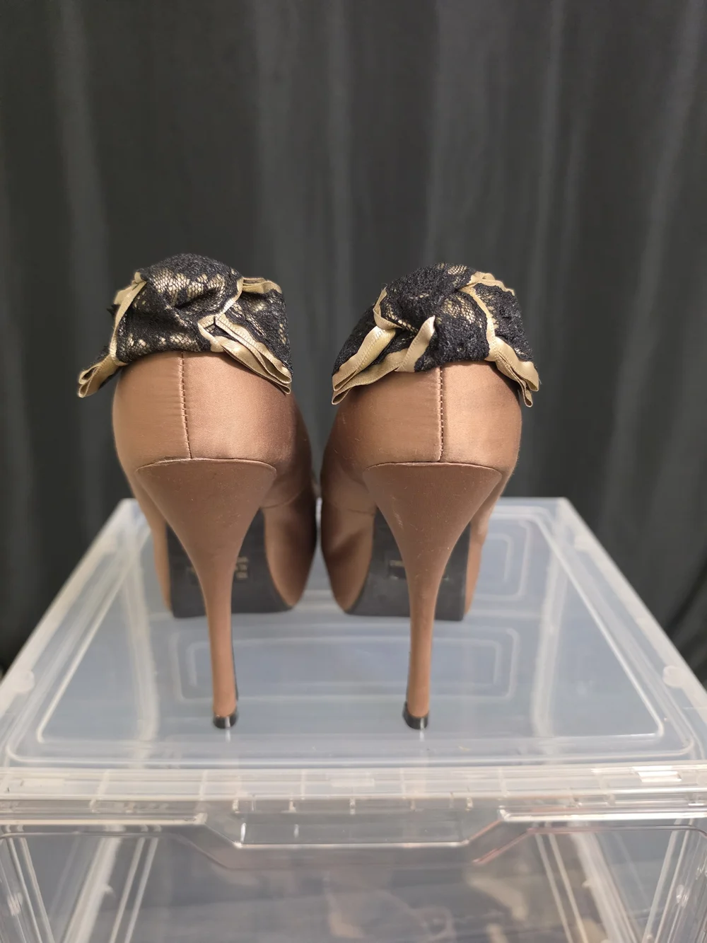 Qupid Blush Peep-Toe Stiletto Heels with Black Trim and Bow Accent